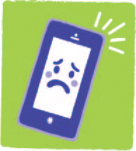 A mobile device shown with a sad expression