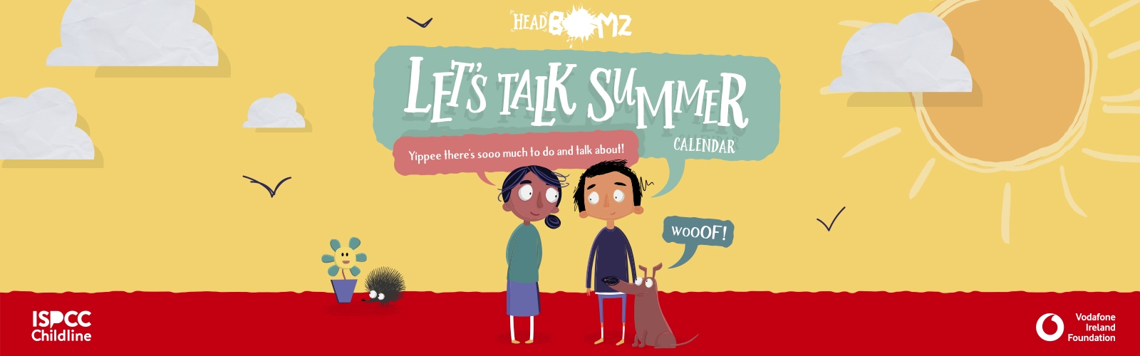 Headbombz illustration of a girls and boy with the words "Let's talk summer calendar" in a speech bubble above their head.