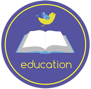 Education illustration with an open book and a yellow bird flying above it.