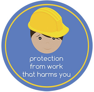 Protection from work that harms you illustration featuring a face wearing a hardhat.