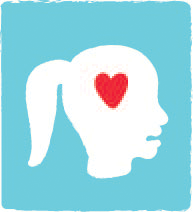 A cartoon child seen with a heart in their head on a light blue background